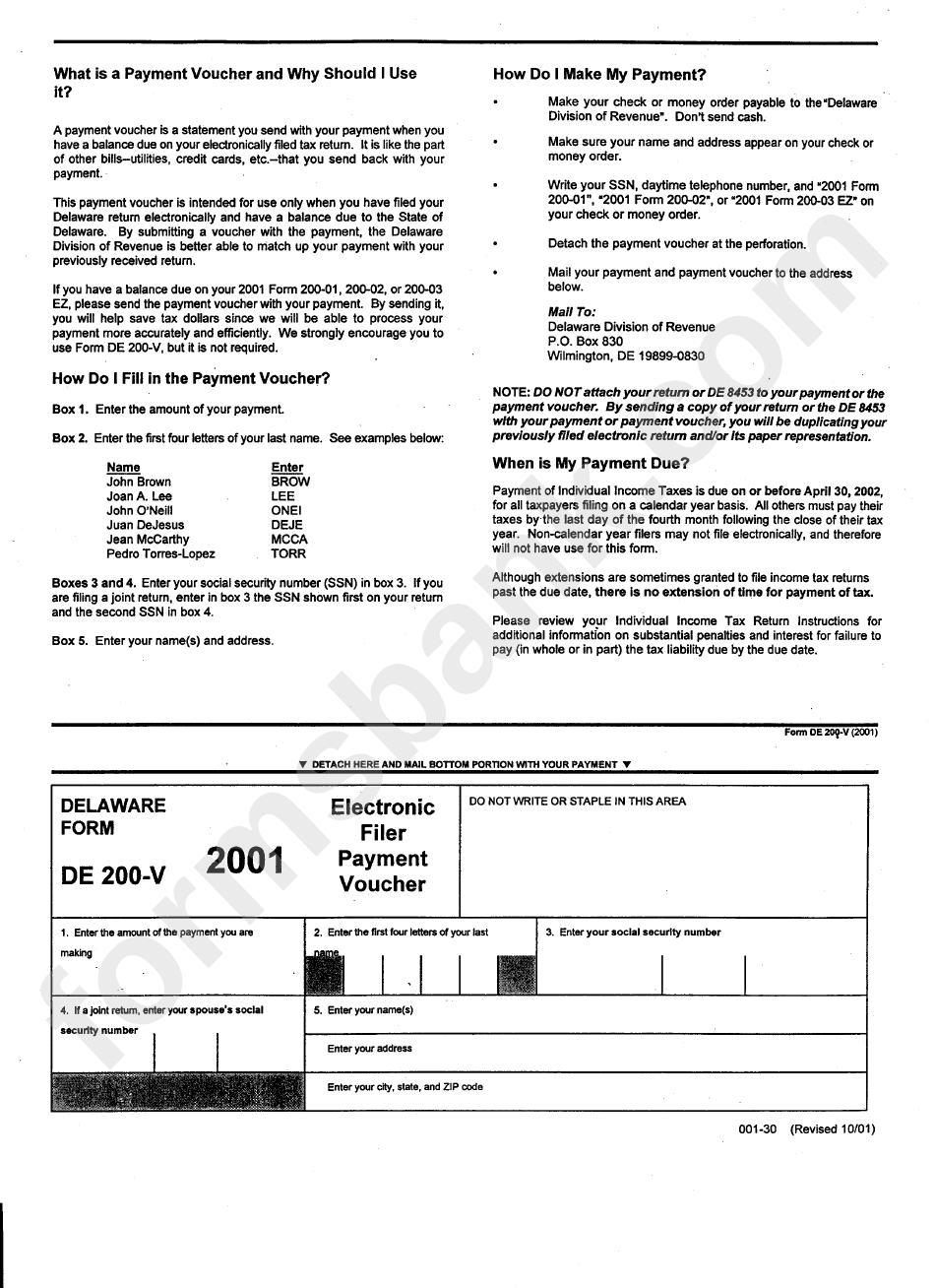 Form De 200-V - Electronic Filer Payment Voucher 2001 - Delaware Division Of Revenue