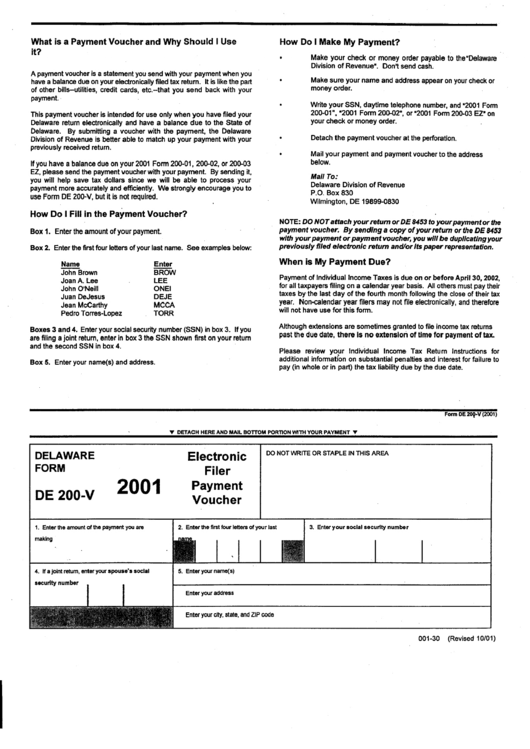 Form De 200-V - Electronic Filer Payment Voucher 2001 - Delaware Division Of Revenue Printable pdf