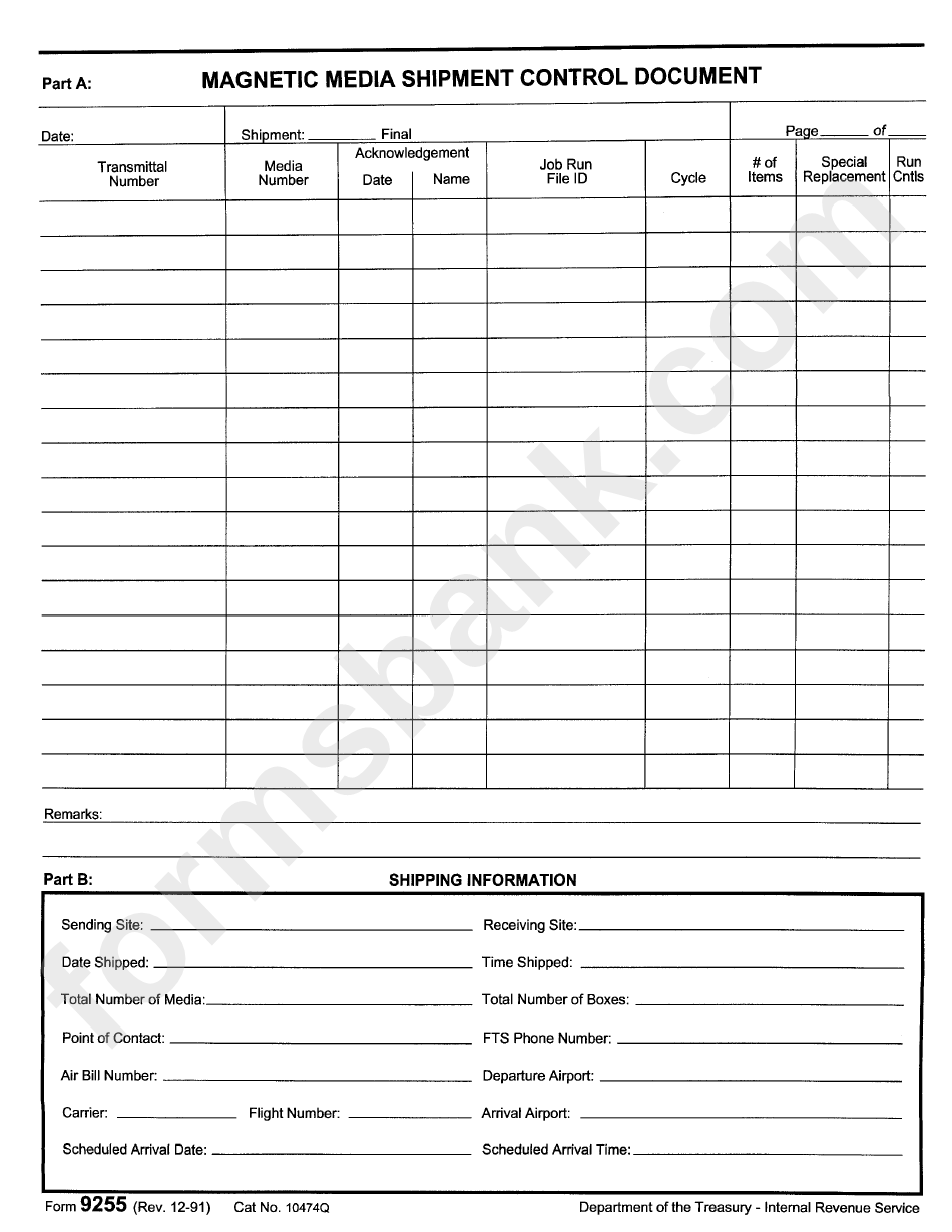 Form 9255 - Magnetic Media Shipment Control Document