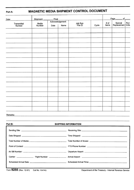 Form 9255 - Magnetic Media Shipment Control Document Printable pdf