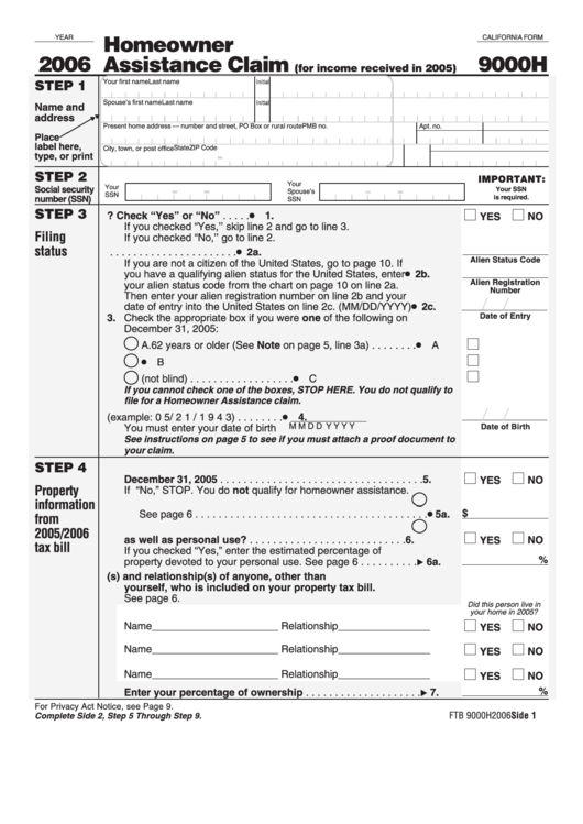 California Form 9000h - Homeowner Assistance Claim - 2006 Printable pdf
