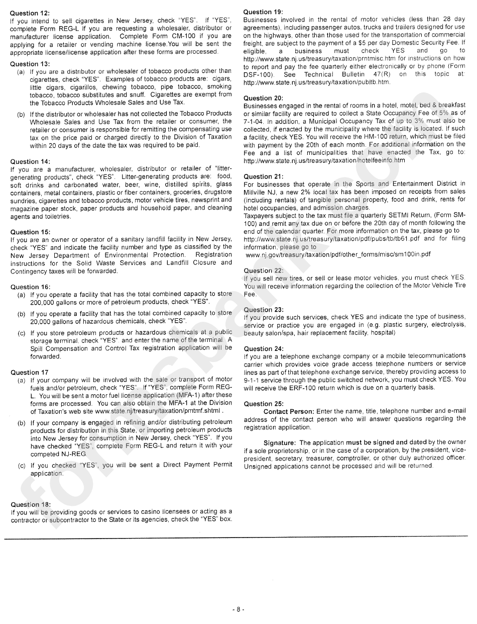 Nj-Reg-I Instructions (11-06) Business Registration Form (Nj-Reg) - State Of New Jersey