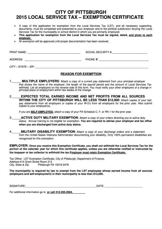 Local Service Tax - Exemption Certificate - City Of Pittsburgh - 2015 Printable pdf