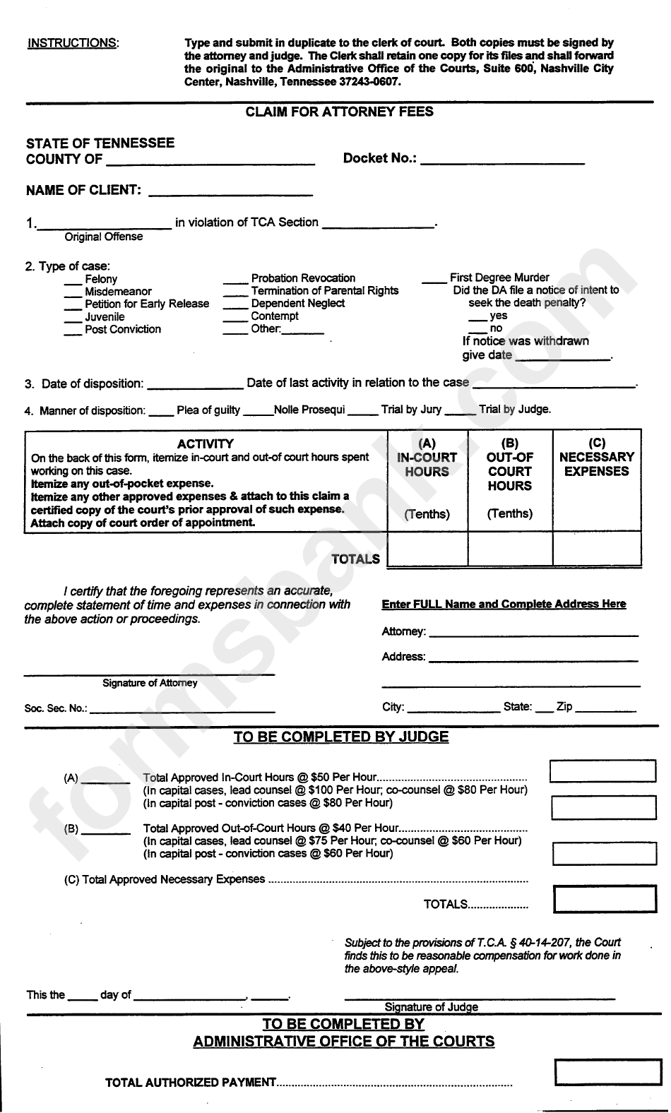 Claim For Attorney Fees Form - Tennessee