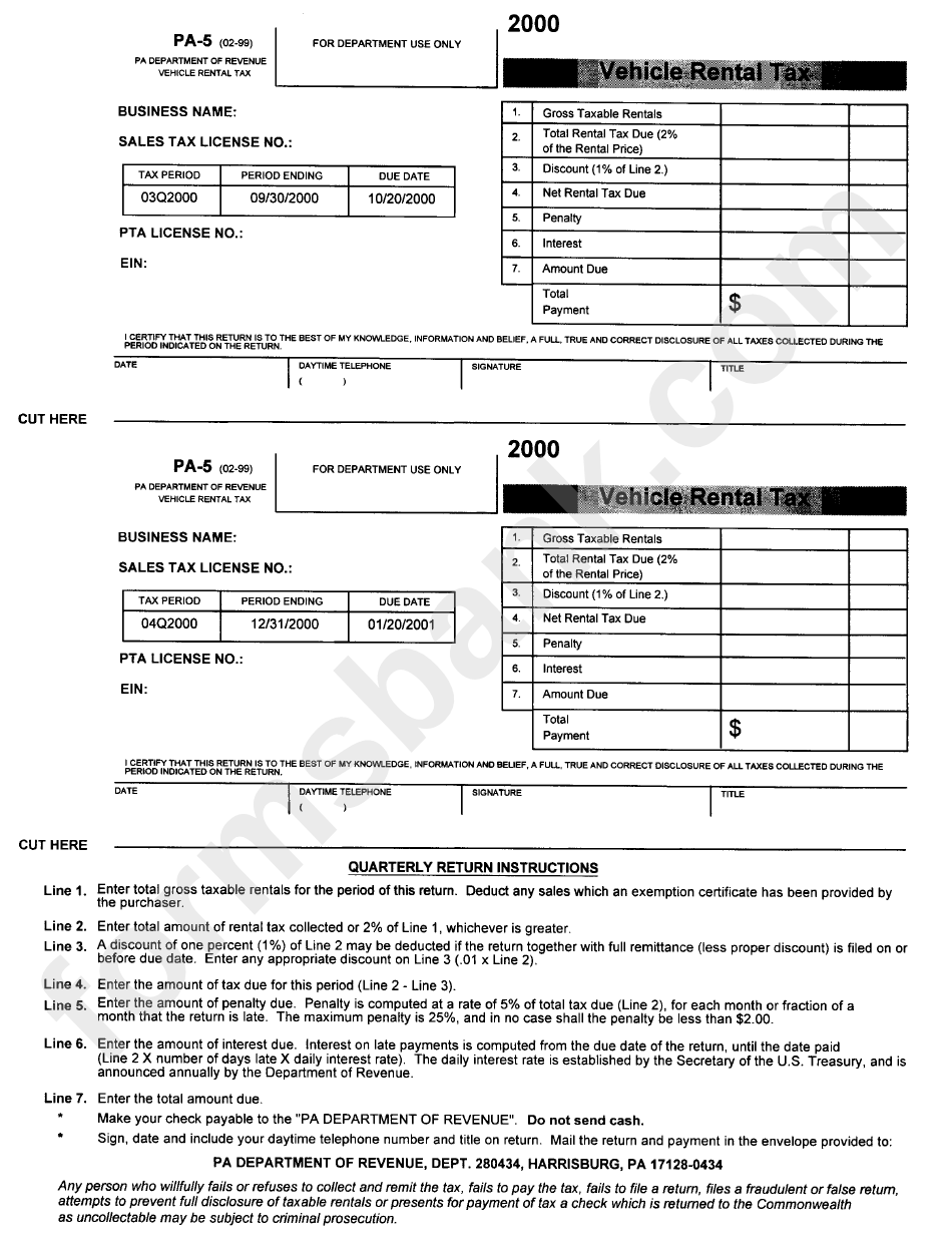 Form Pa-5 - Vehicle Rental Tax 2000 - Pennsylvania Department Of Revenue