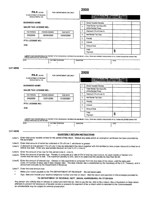 Form Pa-5 - Vehicle Rental Tax 2000 - Pennsylvania Department Of Revenue Printable pdf