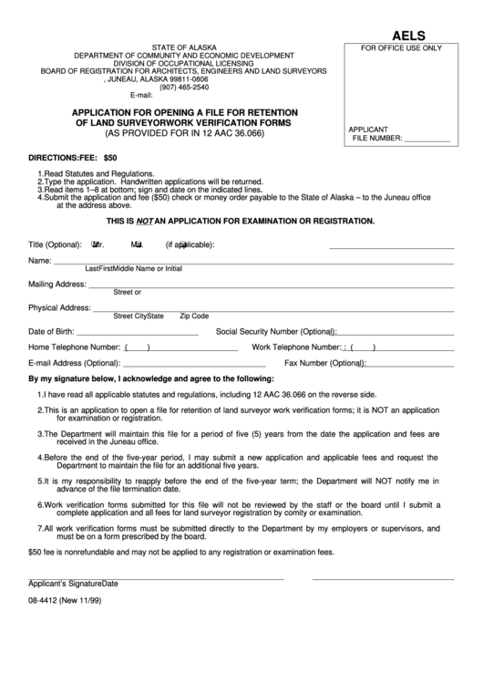Form Aels - Application For Opening A File For Retention Of Land Surveyor Work Verification Forms - Alaska Department Of Community And Economic Development Printable pdf
