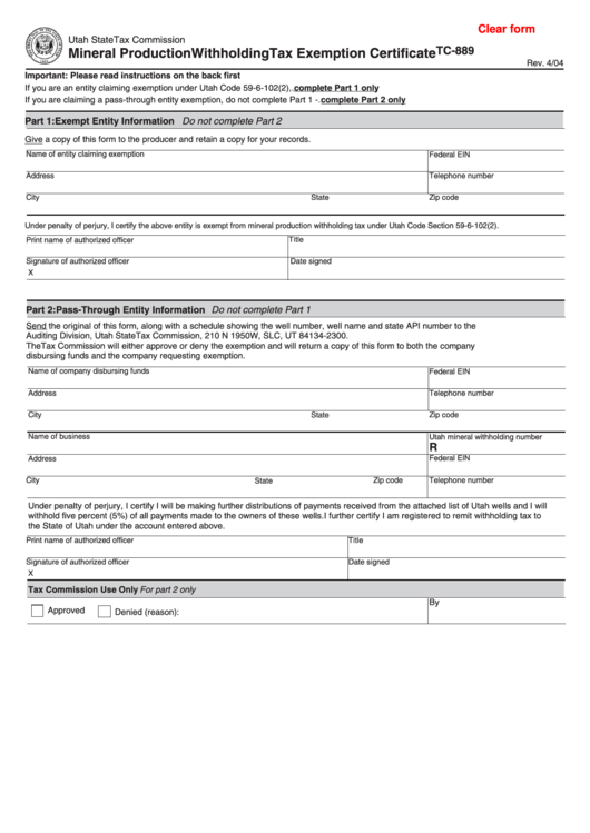 Fillable Form Tc-889 - Mineral Production Withholding Tax Exemption Certificate - Utah State Tax Commission Printable pdf