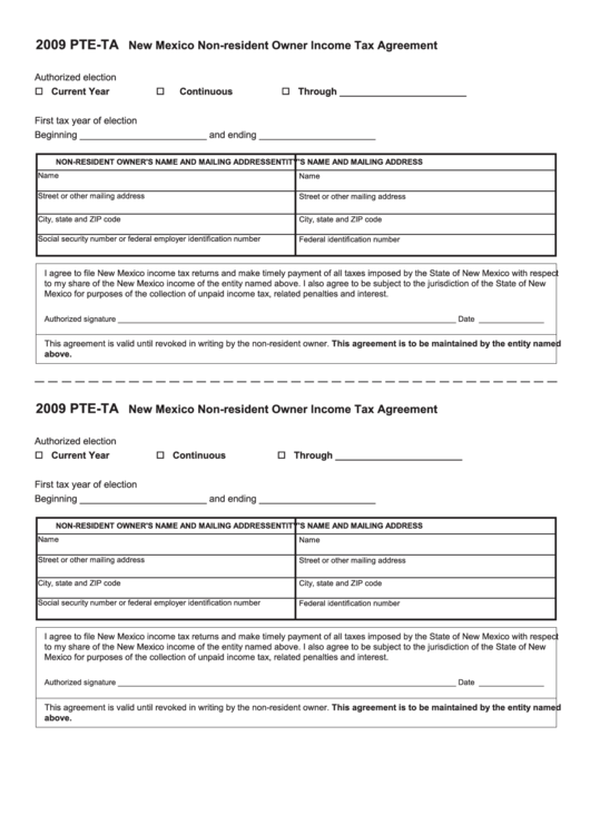 Form Pte-Ta - New Mexico Non-Resident Owner Income Tax Agreement - 2009 Printable pdf
