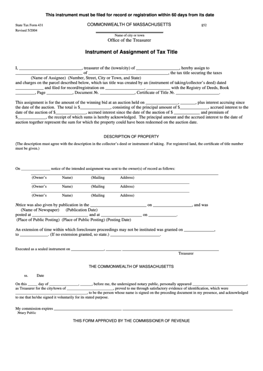 State Tax Form 431 - Instrument Of Assignment Of Tax Title Printable pdf