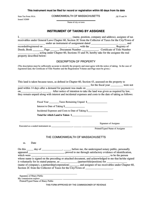 State Tax Form 301a - Instrument Of Taking By Assignee Printable pdf