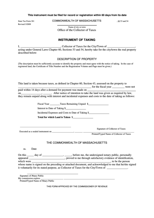 State Tax Form 301 - Instrument Of Taking Printable pdf