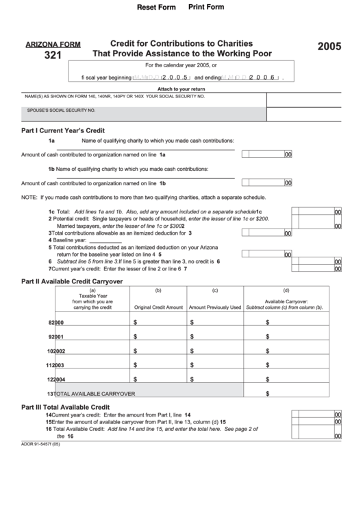 Fillable Arizona Form 321 - Credit For Contributions To Charities That Provide Assistance To The Working Poor - 2005 Printable pdf