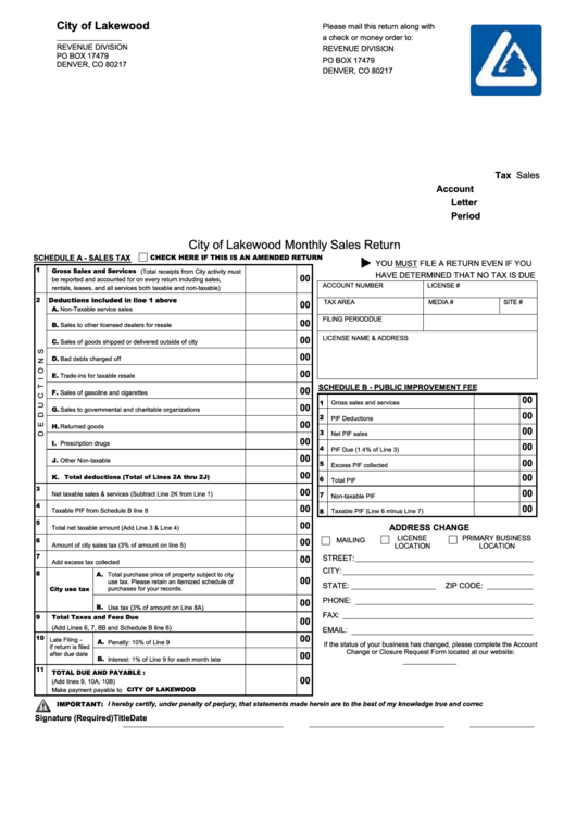 Monthly Sales Return Form - City Of Lakewood Printable pdf