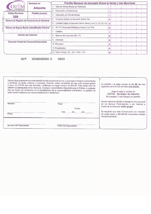 Planilla Mensual De Impuesto Sobre La Venta Y Uso Municipal Form - Aibonito Printable pdf