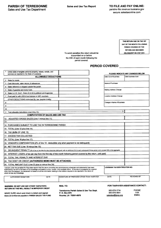Sales / Use Tax Report Form - Parish Of Terrebonne Printable pdf