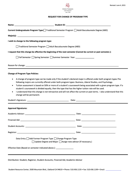 Fillable Request For Change Of Program Type Form Printable pdf