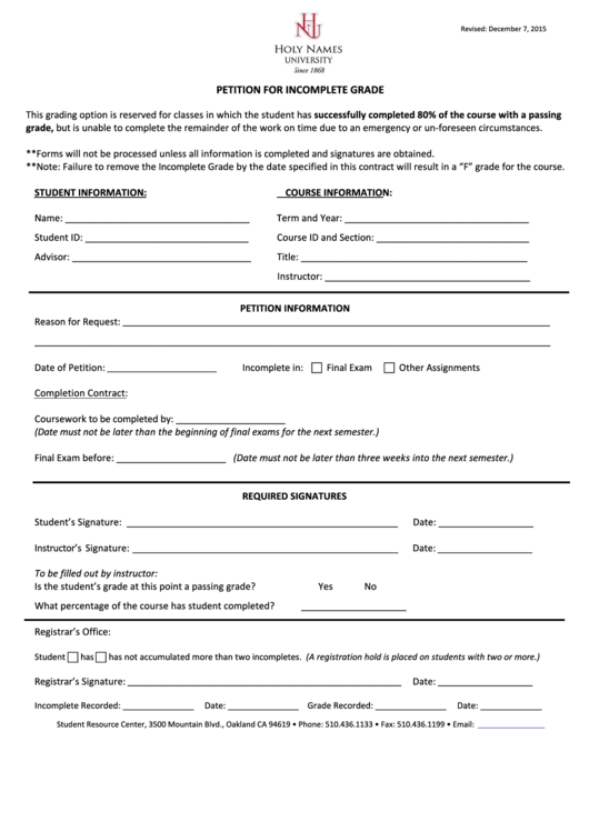 Fillable Petition For Incomplete Grade Form Printable pdf