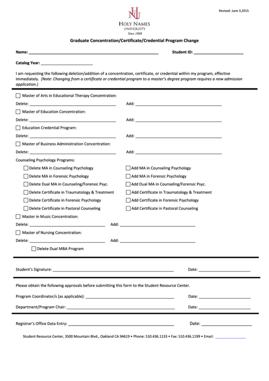 Fillable Graduate Concentration Certificate Credential Program Change Form - Holy Names University Printable pdf