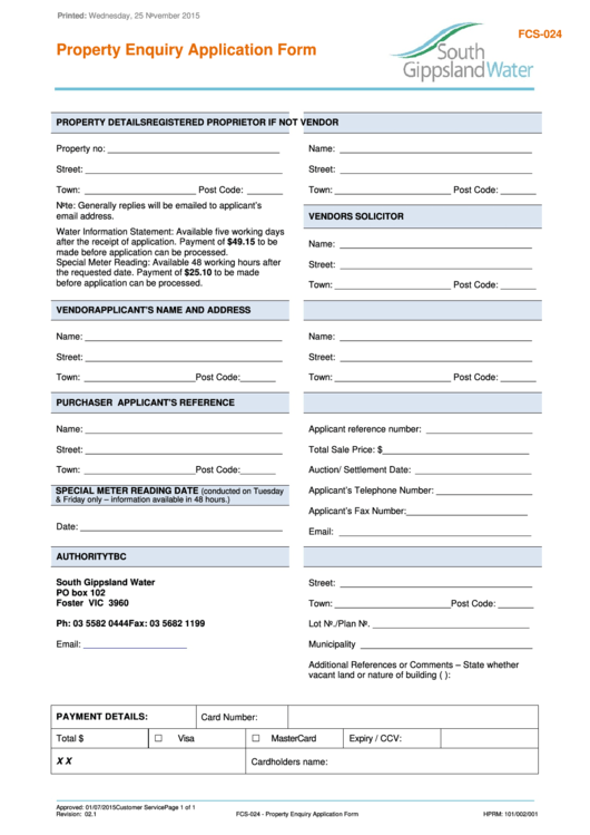 Fcs-024 - Property Enquiry Application Form Printable pdf