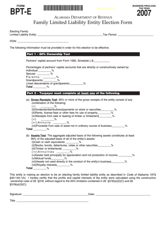 Form Bpt-E - Family Limited Liability Entity Election Form - 2007 Printable pdf