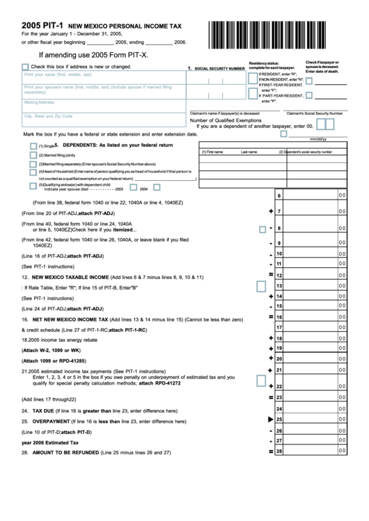 Form Pit-1 - New Mexico Personal Income Tax - 2005 Printable pdf