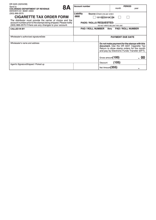 Form 8a - Cigarette Tax Order Form Printable pdf