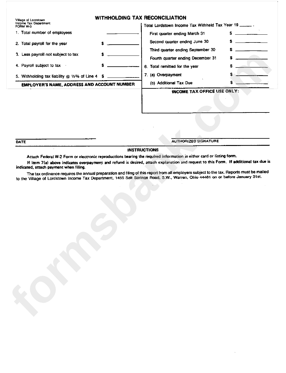 Form W-3 - Withholding Tax Reconciliation -Village Of Lordstown