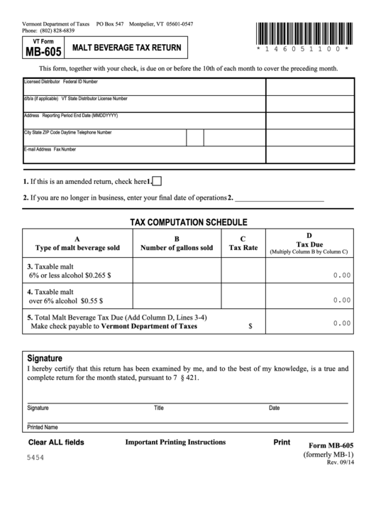 Fillable Form Mb-605 - Malt Beverage Tax Return Printable pdf