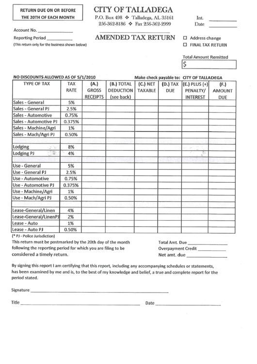 Amended Tax Return Form - City Of Talladega Printable pdf