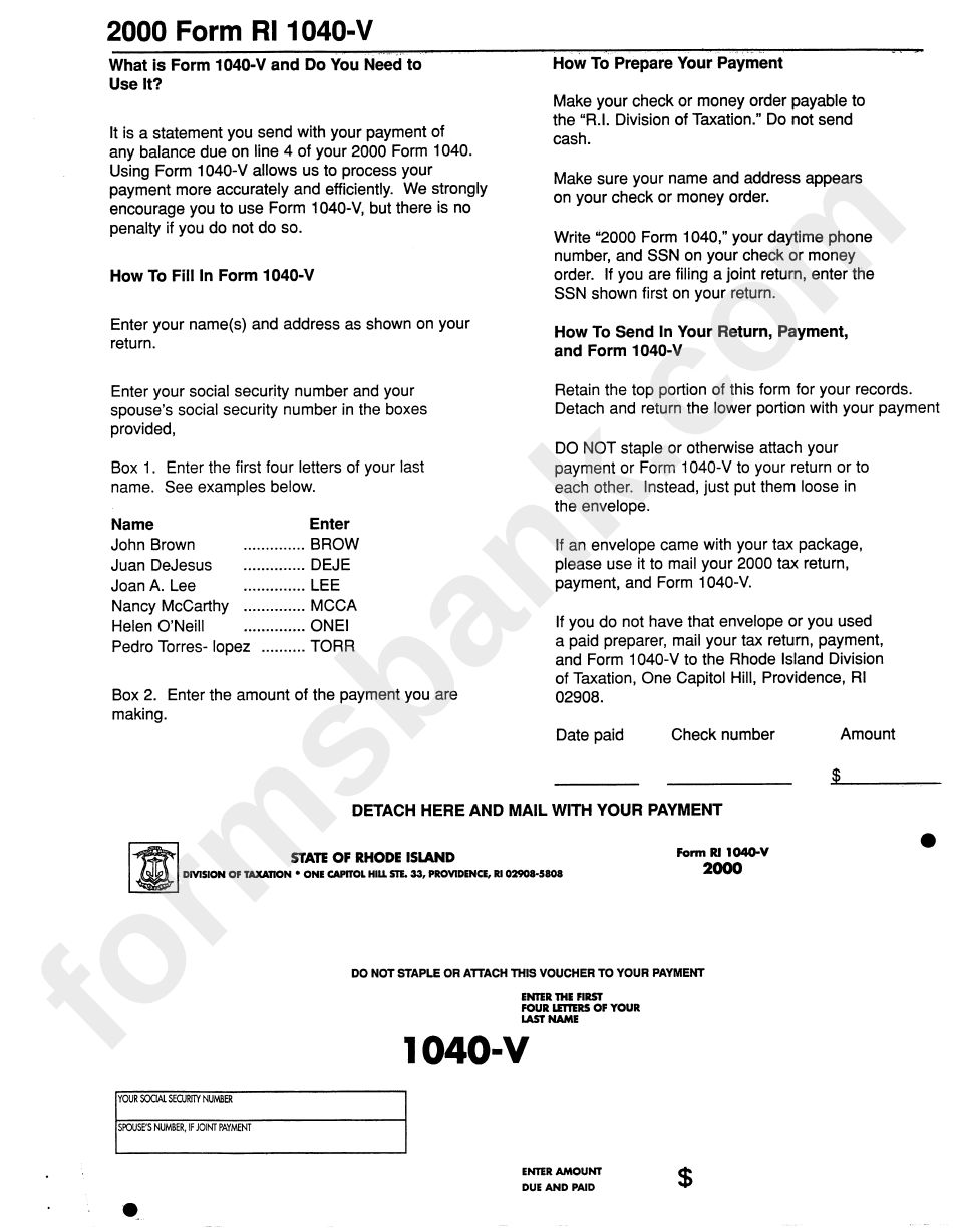 Form Ri 1040-V - Personal Income Tax Payment 2000 - Instructions
