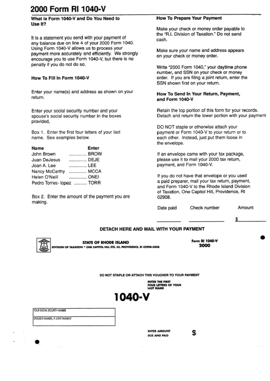 Form Ri 1040-V - Personal Income Tax Payment 2000 - Instructions Printable pdf