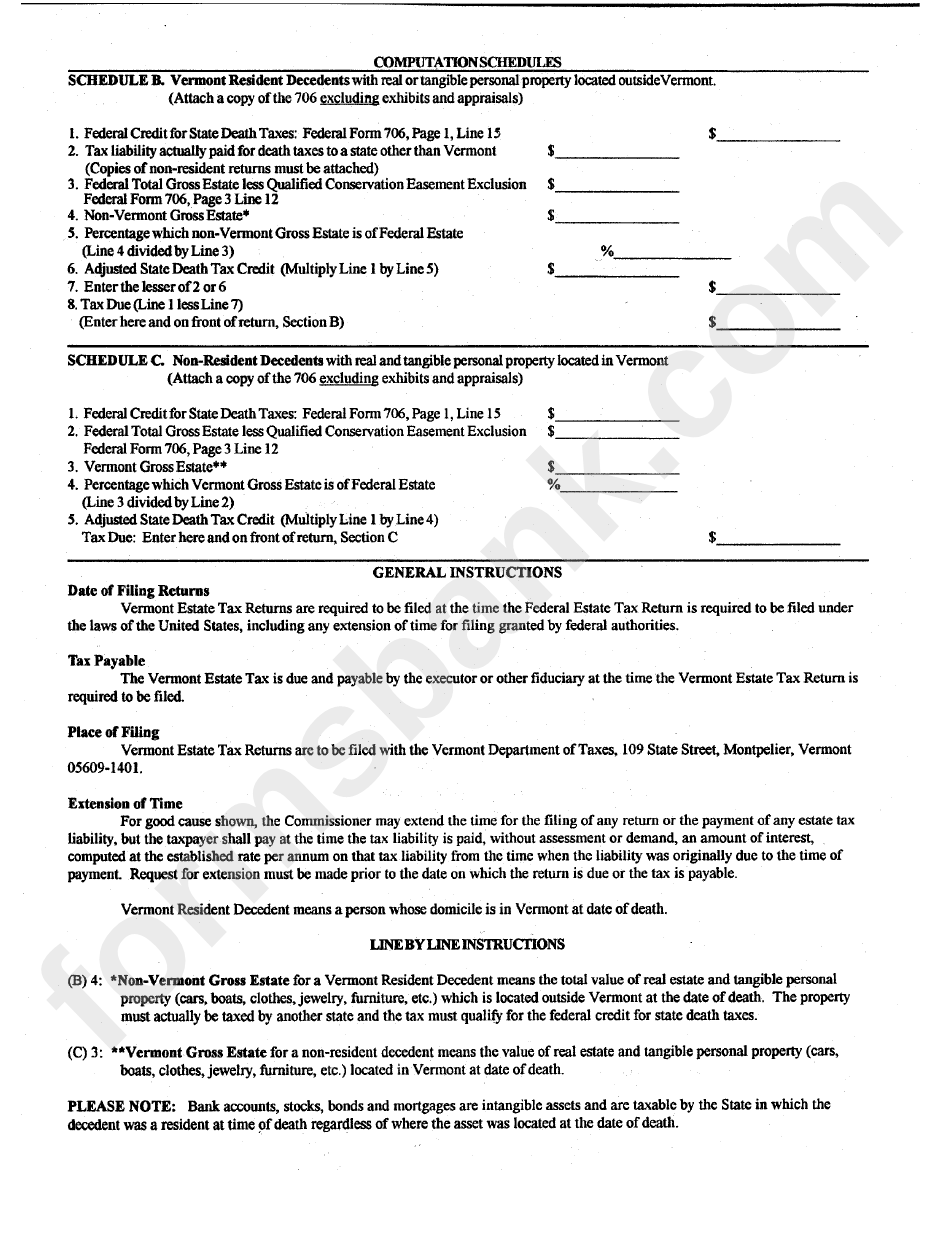 Vermont Estate Tax Return Form Instructions printable pdf download