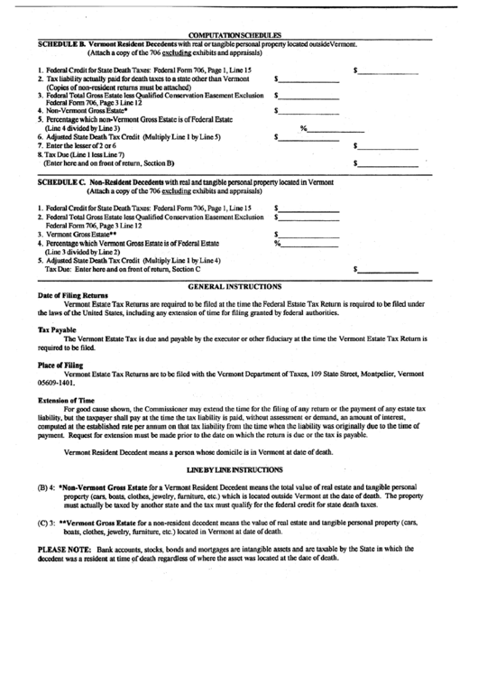 Vermont Estate Tax Return Form - Instructions Printable pdf