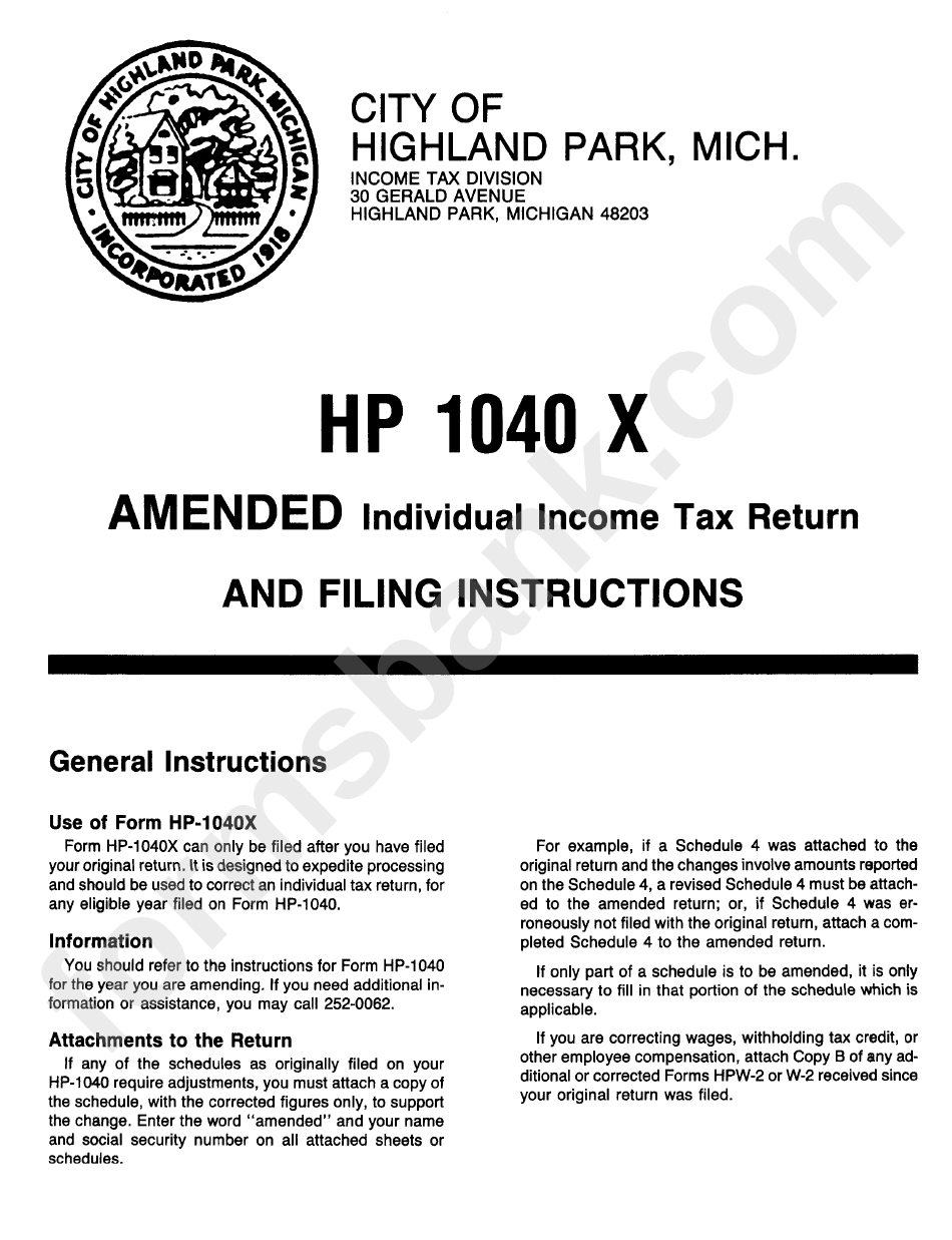 Form Hp 1040 X - Amended Individual Income Tax Return - Instructions - City Of Highland Park