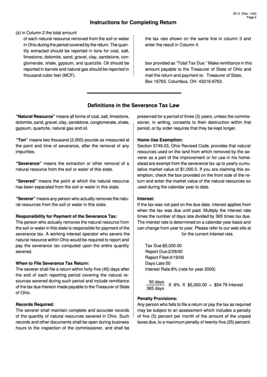 Form Sv 3 - Ohio Severance Tax Return - Instructions Printable pdf