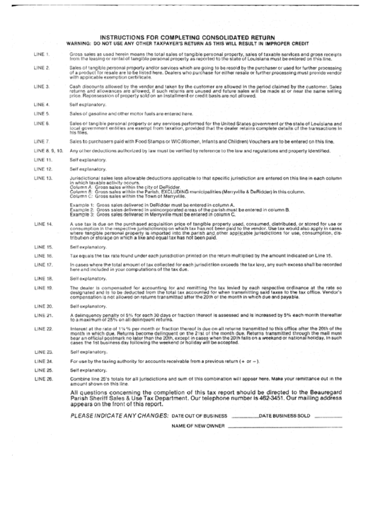 Consolidated Return Form - Instructions - Beauregard Parish Printable pdf