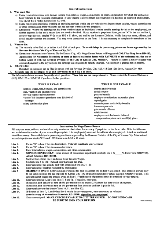 Wage Earner Return Form - Instructions - Kansas City Printable pdf