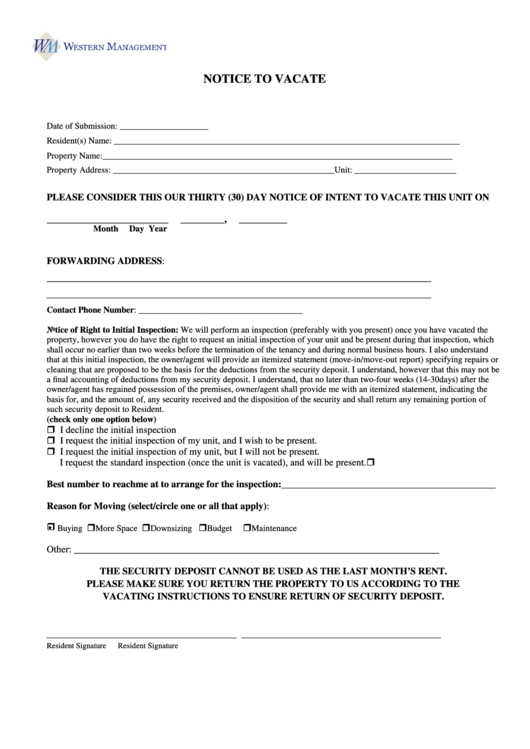 Fillable Notice To Vacate Form Printable pdf