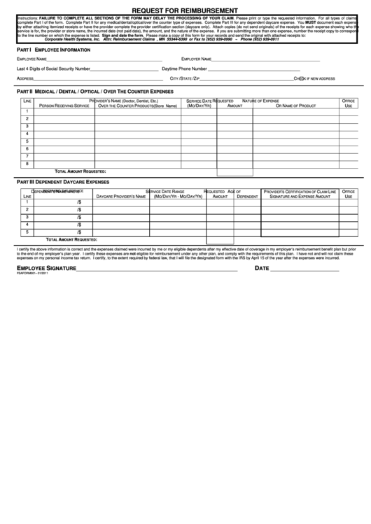 Request For Reimbursement Form Printable pdf