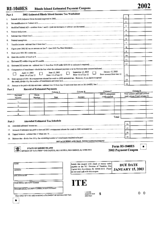 Form Ri-1040es - Rhose Island Estimated Payment Coupons Form (2002) - Division Of Taxation - Providence Printable pdf