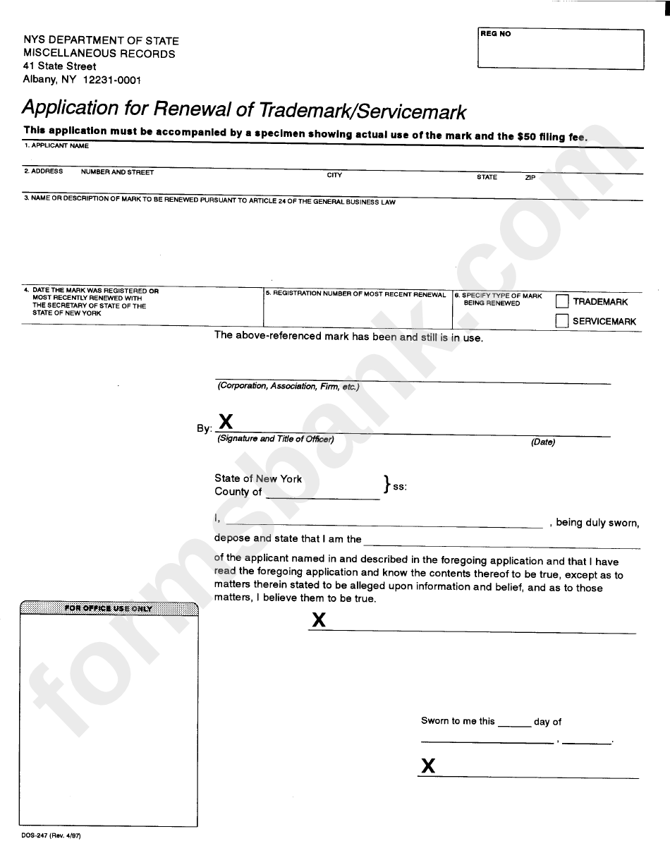 Form Dos-247 - Application For Renewal Of Trademark/servicemark Form - Nys Department Of State