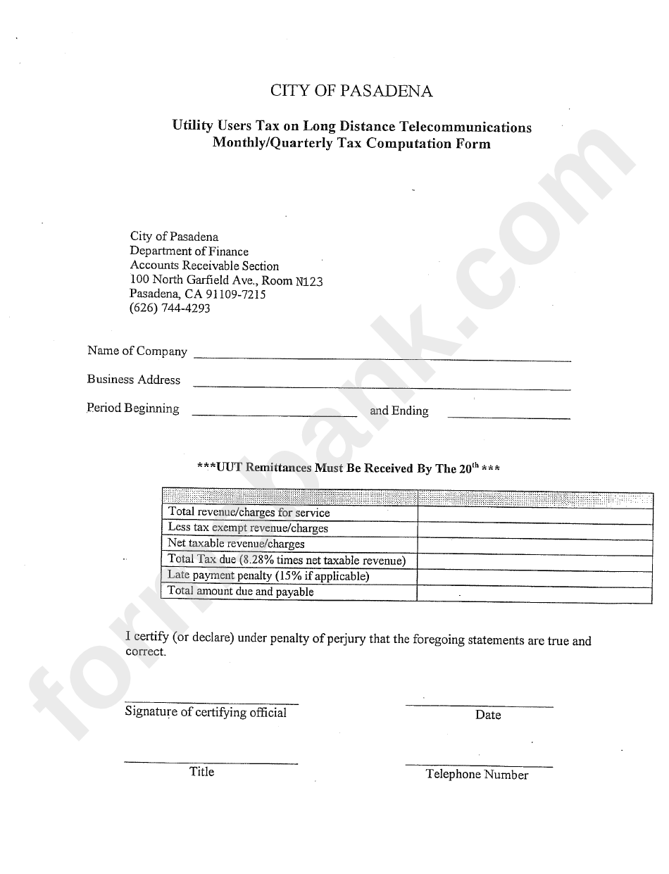 Utility Users Tax On Long Distance Telecommunications Monthly/quarterly Tax Computation Form - Pasadena