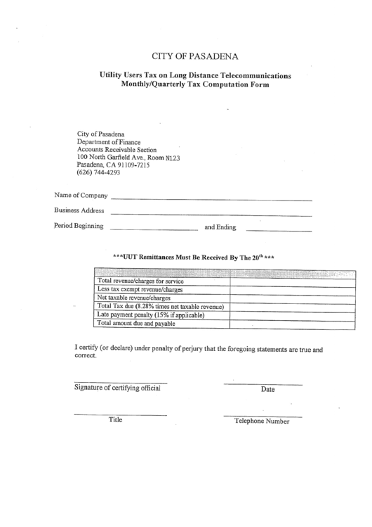 Utility Users Tax On Long Distance Telecommunications Monthly/quarterly Tax Computation Form - Pasadena Printable pdf