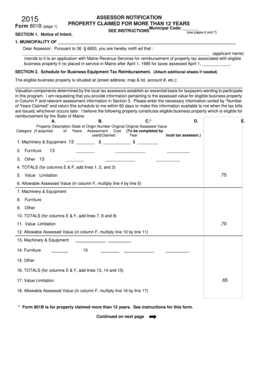 Form 801b - Assessor Notification Property Claimed For More Than 12 Years - 2015 Printable pdf