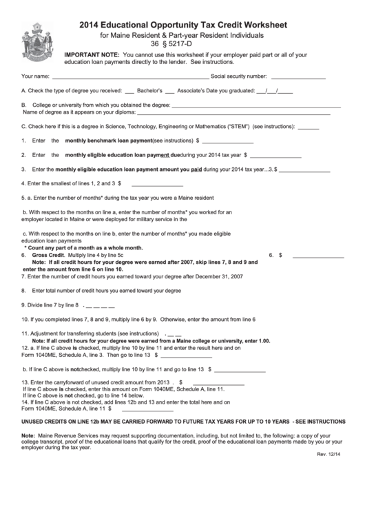 2014 Educational Opportunity Tax Credit Worksheet - Maine Revenue Services Printable pdf