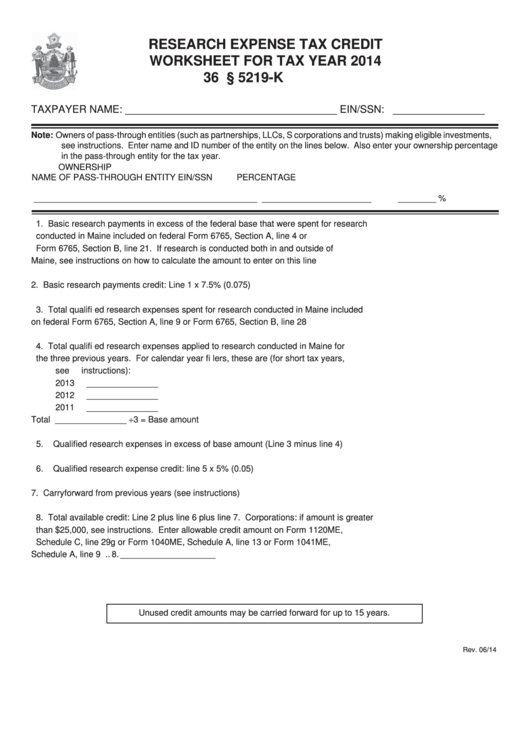 Research Expense Tax Credit Worksheet For Tax Year - 2014 Printable pdf