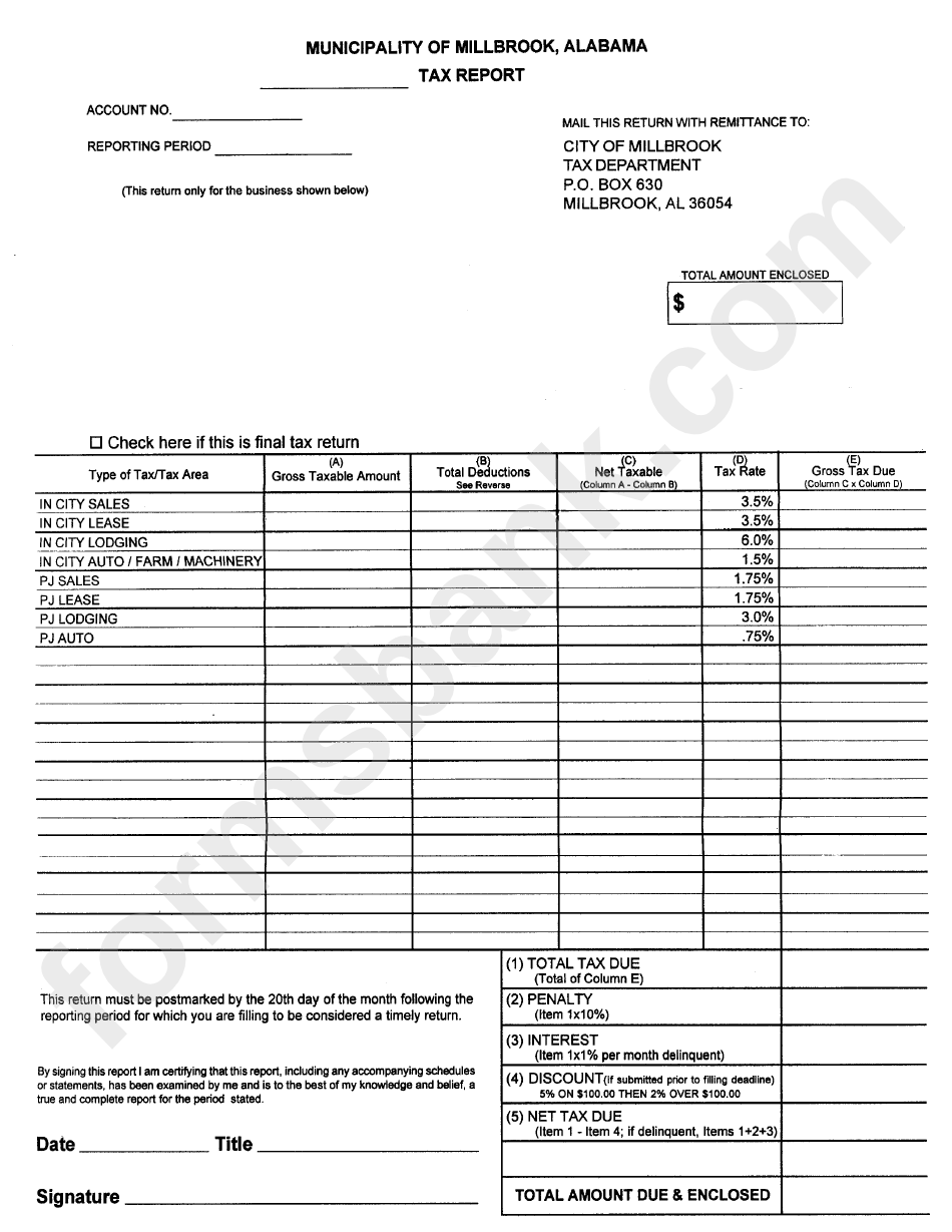 Tax Report Form - Tax Department - Millbrook - Alabama