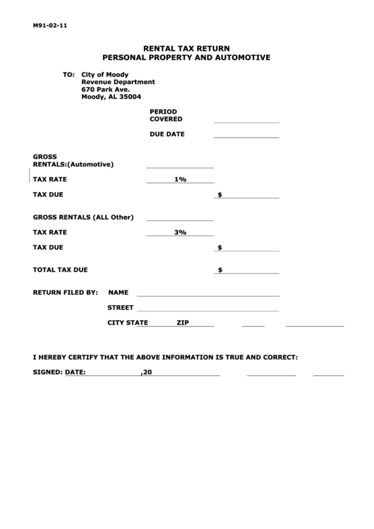 Form M91-02-11 - Personal Property And Automotive Tax Form - Revenue Department - Moody - Alabama Printable pdf