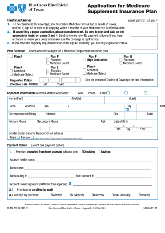 Fillable Form Tx-Ms-App-Gi-2011-R1 - Application For Medicare Supplement Insurance Plan Printable pdf